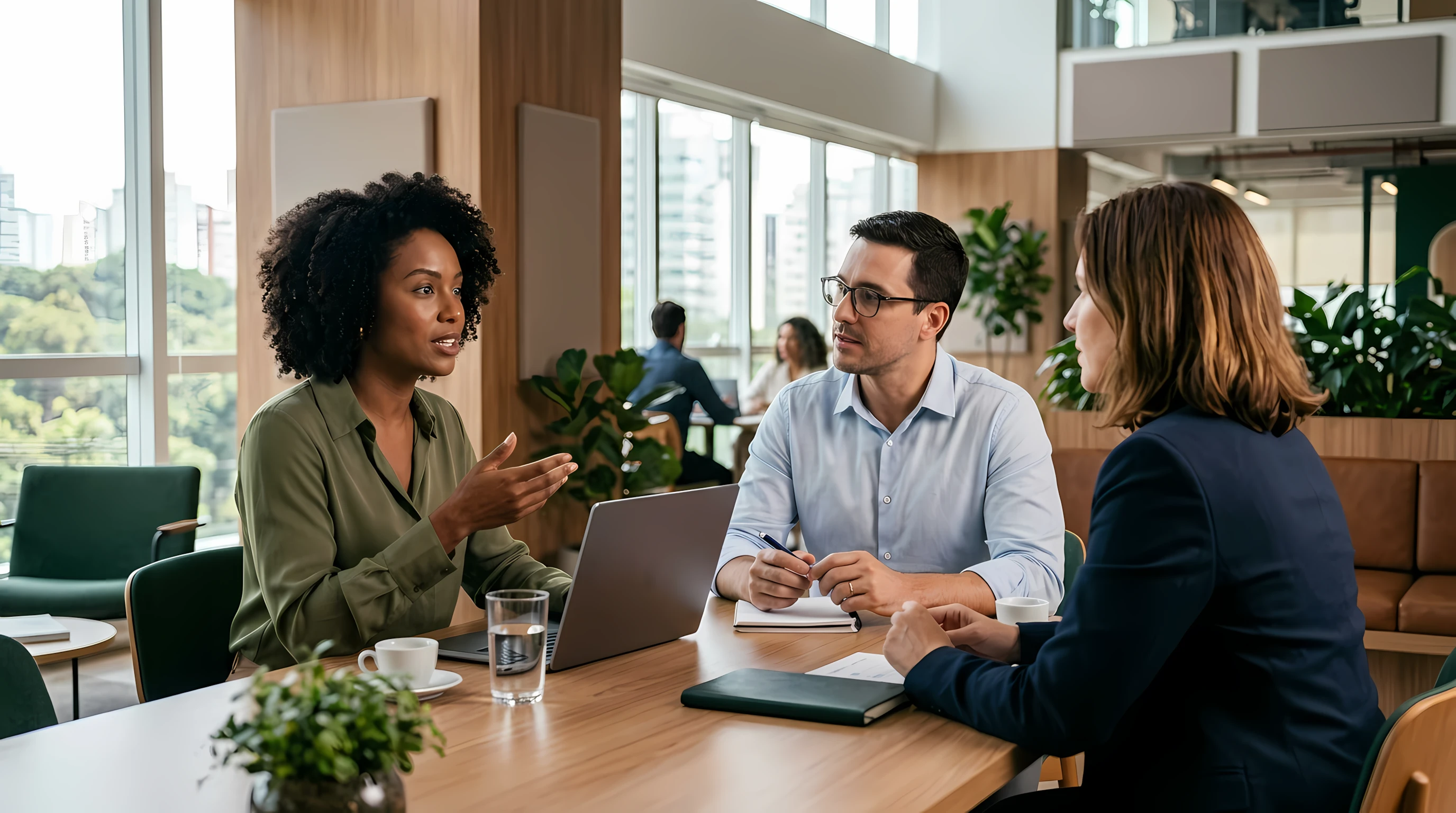 Profissionais reunidos em um ambiente corporativo, conversando sobre gestão e melhoria do ambiente de trabalho.